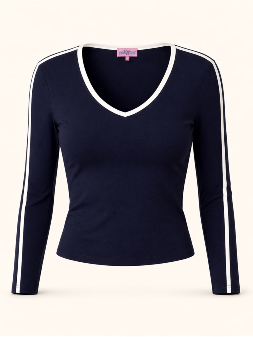 Edikted V-Neck Long Sleeve Contrast Trim Top Navy Size L